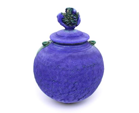 Simon Shaw; a blue matte glazed ginger jar with lid, green glazed small handles to either side, topped with abstract finial, 