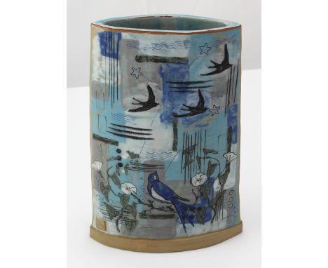 Helen C Bush; a hand-built flattened chimney shaped stoneware vase, slip and sgraffito decorated in blue with swallows and fl