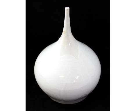 Kath Flaherty; white stoneware needle-neck vase with white gloss layered drip-effect glaze, impressed maker's mark to foot an