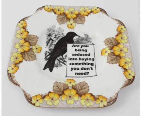 Carrie Reichardt; a reclaimed ceramic plate with subversive transfer decoration, 'Are you being seduced into buying something