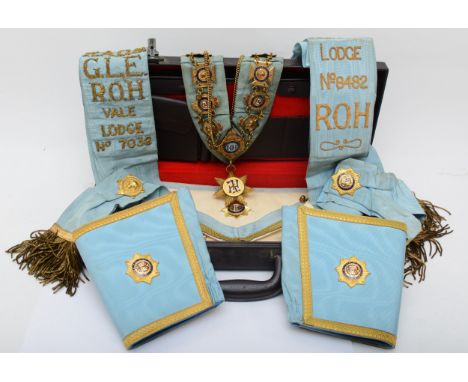 Masonic regalia to include St. Albans Lodge No 296 collar with gilt metal jewels, Aquarius Primo Lodge 1986 jewel and others,