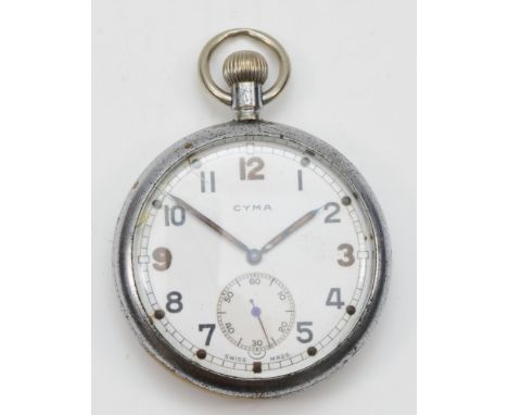A CYMA WW2 British army issued chrome plated key less wind pocket watch, the enameled dial set with Arabic numerals and subsi