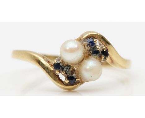 A 9ct gold cultured pearl and sapphire dress ring, P, 1.8gm. 