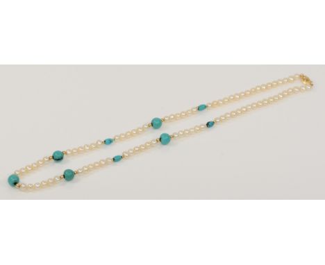 A 585 gold clasped cultured pearl and turquoise necklace, 51cm. 