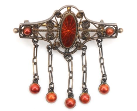 A late 19th century Norwegian 930 silver filigree and red enamel brooch, by Marius Hammer, base metal pin, 38mm, 5gm. Conditi