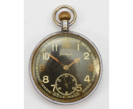 A Halvetia WW2 silver plated British army issued key less wind pocket watch, the black dial set with Arabic numerals and subs