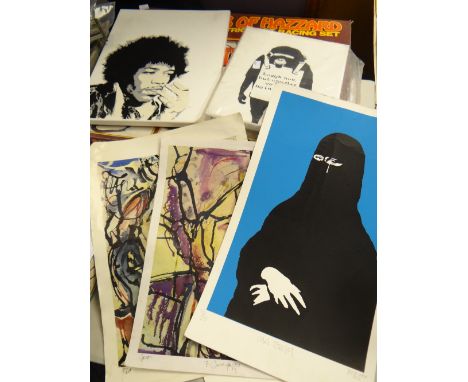 A parcel of prints including Ryan Callanan satirical image entitled 'Ona Islam', a Banksy print on canvas, Jimmy Hendrix imag
