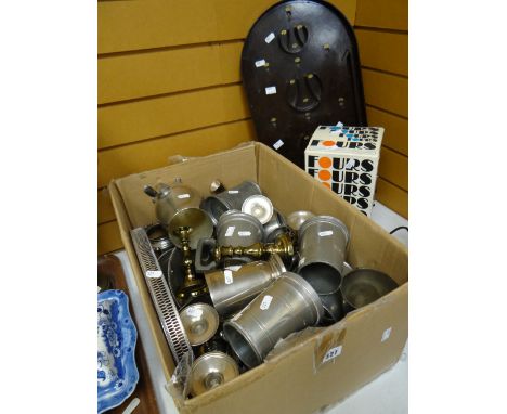 A box of pewter mugs, a bagatelle board ETC Condition reports are provided on request by email only for this type of auction,