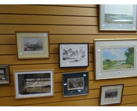 Sundry framed pictures including watercolour of marshland, topographical print of Dundee ETC Condition reports are provided o
