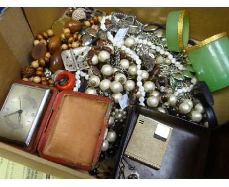 A quantity of costume beads &amp; a yellow metal compact travel clock ETC Condition reports are provided on request by email 