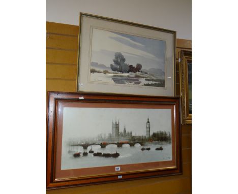 Framed print of the Thames with Houses of Parliament by KLITZ, framed watercolour of a country pond by DENNIS PANNETT, 42 x 5
