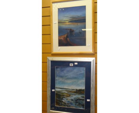 Two framed modern pastel paintings by SALLY PEARCE with titles verso &amp; a small topographical print of Pontypridd Conditio