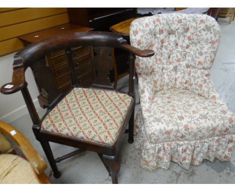 An unusual smoker's bow-type corner chair with tapestry seat &amp; a buttoned floral upholstery spoon back chair Condition re