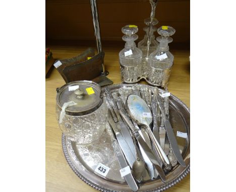 A three-bottle EPNS decanter caddy with bottles, quantity of loose cutlery, EPNS tray ETC Condition reports are provided on r