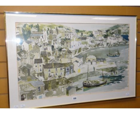 A DAVID KNIGHT print on linen of busy St Ives showing The Lugger Inn &amp; various boats &amp; figures Condition reports are 