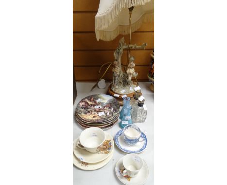 A modern figural table lamp &amp; shade together with a parcel of collectors plates, commemorative items &amp; glassware Cond