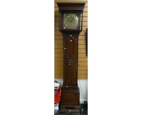 A George II oak encased brass dial longcase clock with Roman numeral chapter ring &amp; with inscription for James Hendrie of