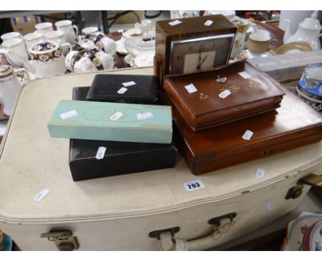 Two vintage suitcases, a vintage polished mantel clock, Masonic apron &amp; cased cutlery ETC Condition reports are provided 