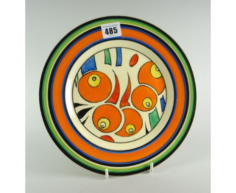 A Clarice Cliff Wilkinson England honeyglaze display plate, the interior decorated with stylized fruit within a banded border