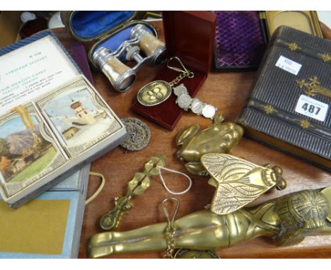 A parcel of collectables including brass items, playing cards and dispenser, old frame ETC Condition reports are provided on 