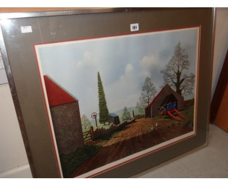 Framed signed print of a farm with distant church, 46 x 63cms Condition reports are provided on request by email only for thi