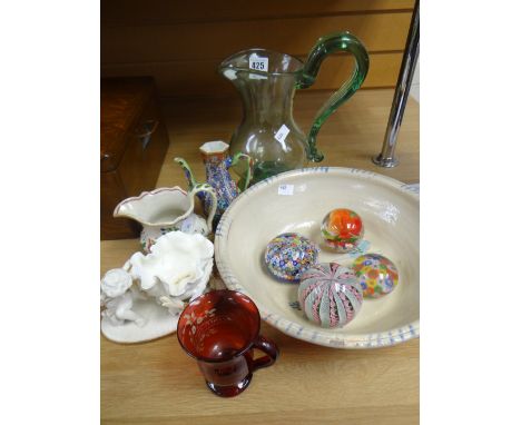 An antique glass jug, an interesting Oriental mniature tea-urn, spongeware jug, Moore Brothers flower basin, paperweights ETC