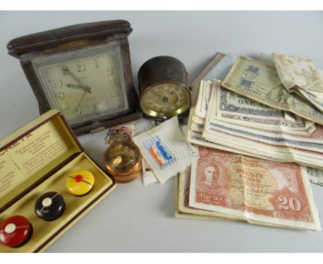 A parcel of small collectables including travel clock, drum-type timepiece ETC Condition reports are provided on request by e