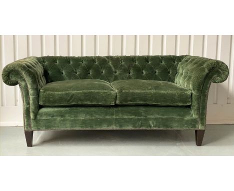 CHESTERFIELD SOFA, studded Royal green velvet deep button upholstered with scroll arms and square tapering supports, 210cm W.