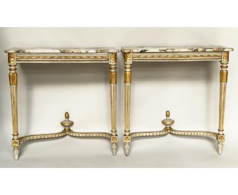 CONSOLE HALL TABLES, a pair, Italian early 20th century grey painted parcel, gilt with fluted supports and Breche Violette ma