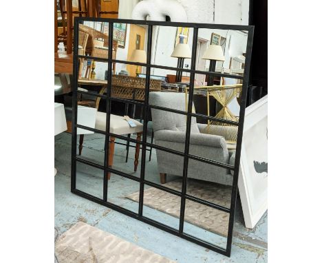 ARCHITECTURAL WALL MIRROR, black painted metal frame with overlaid detail, 120cm x 118cm. 
