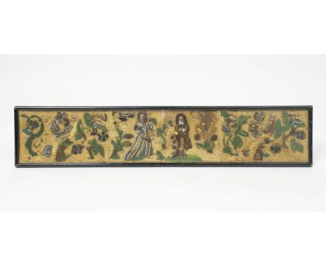 CHARLES II BEADWORK AND STUMPWORK PANEL, circa1660s, depicting King Charles II and Queen Catherine of Braganza with trees, in