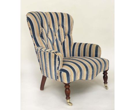 ARMCHAIR, 19th century style mahogany with deep button Regency stripe cut velvet upholstery and turned front supports, 64cm W
