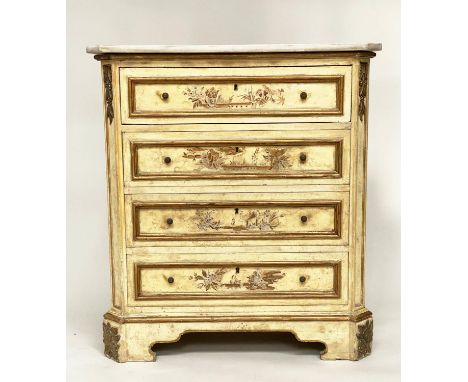 COMMODE, 19th century French, cream lacquered and gilt chinoserie style decorated with four long drawers and marble top, 91cm