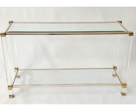 CONSOLE TABLE, 128cm x 44cm D x 76cm H, 1970s, bevelled glass top on gilt metal frame, with Lucite pillar columns, with under