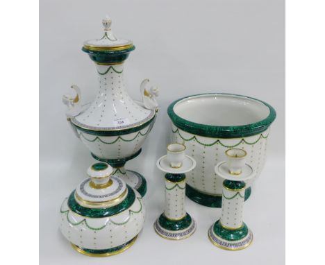 Italian Porcellane d 'arte five piece set, comprising an urn vase and cover, pair of candlesticks, a planter and a circular b