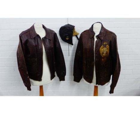 Type A - 2 U.S. Army brown leather jacket, together with another flying style jacket with skull and angel Wing motif, togethe