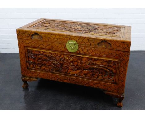 Camphor wood carved trunk with dragon carved decoration and brass clasp  64 x 100cm 