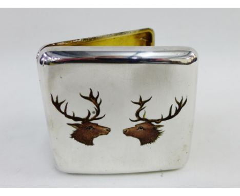 Sampson Mordan &amp; Co silver and enamel cigarette case with Two Royal Stags, left and right, London 1907, 9 x 8cm 