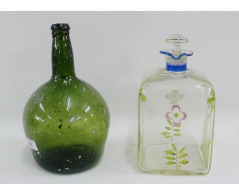 Nailsea type glass bottle with white inclusions, together with a floral painted glass decanter and stopper, tallest 26cm high
