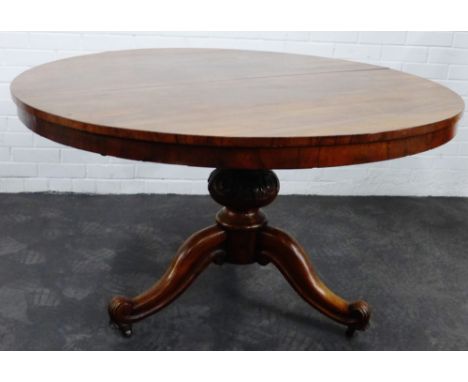 19th century mahogany centre table, on leaf carved column and tripod supports 75 x 125cm