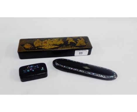 A Chinese black lacquered box and cover together with another with abalone inset border and a small snuff box (3) 