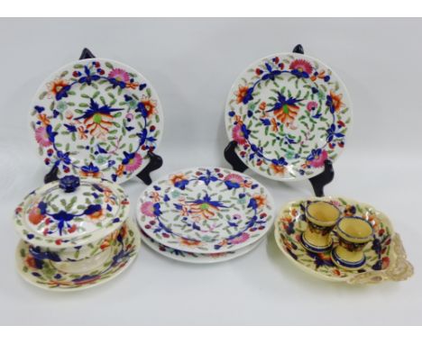 Quantity of 19th century English table wares, to include plates, serving dish, bowl and cover and two quimper egg cups, (a lo