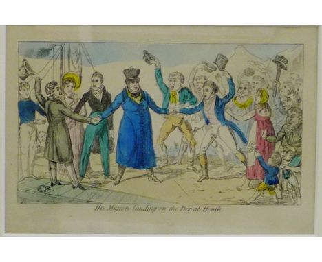 'His Majesty's landing on the Pier at Howth' Coloured print, in a glazed frame, 20 x 14cm 
