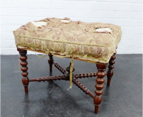 19th century mahogany bobbin turned stool with cross stretcher and upholstered seat, 45 x 50cm 