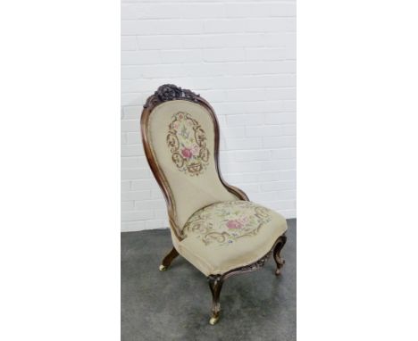 Mahogany framed bedroom chair with tapestry back and seat on short cabriole legs and ceramic castors, 98 x 55cm