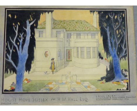 H. Avison, L.R.I.B.A Sketch, highlighted with watercolour of 'House House', Sussex, for H.M. Hall Esq, February 1934', unfram