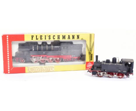 Two vintage OO gauge model railway trainset locomotive engines, comprising of; a Fleischmann No. 4080 Class BR 65 014 2-8-4T 