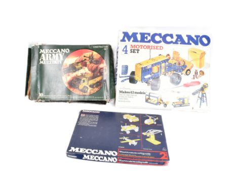 Meccano - x3 original vintage Meccano constructor sets comprising Motorised Set No 4, Set No. 2 and Army Multi Kit. The kits 