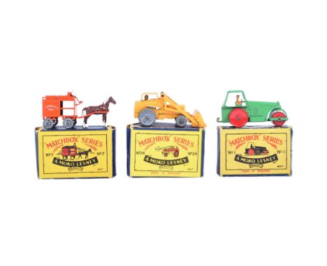 Moko Lesney - x3 vintage Moko Lesney made Matchbox Series boxed diecast models comprising; No. 1 Aveling Barford Diesel Rolle