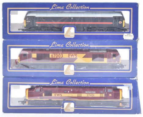 Three Lima made OO gauge model railway diesel trainset locomotives comprising; No. L204688 Class 47710 'Fragonset Railways', 